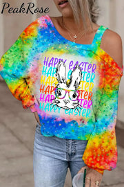 Happy Easter Rainbow Bunny With Glasses Bleached Print Off Shoulder Blouse