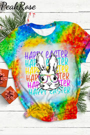 Happy Easter Rainbow Bunny With Glasses Bleached Print Round Neck T-Shirt T-Shirt