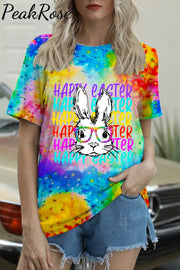 Happy Easter Rainbow Bunny With Glasses Bleached Print Round Neck T-Shirt S / Tie Dye T-Shirt