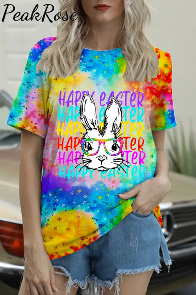 Happy Easter Rainbow Bunny With Glasses Bleached Print Round Neck T-Shirt S / Tie Dye T-Shirt