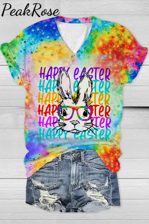 Happy Easter Rainbow Bunny With Glasses Bleached Print V Neck T-Shirt T-Shirt