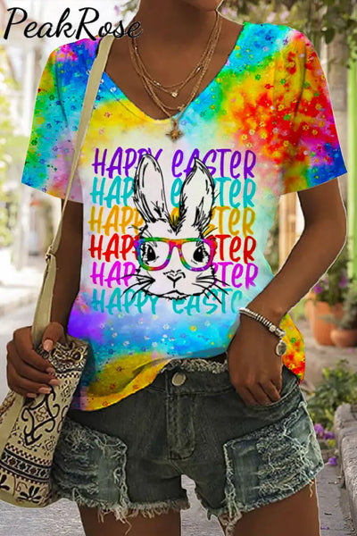 Happy Easter Rainbow Bunny With Glasses Bleached Print V Neck T-Shirt S / Tie Dye T-Shirt