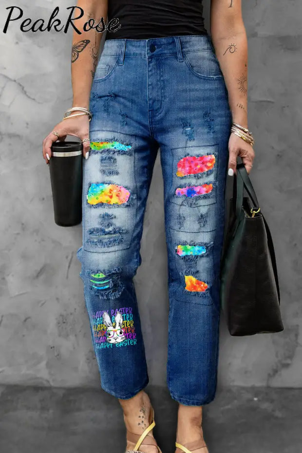 Happy Easter Rainbow Bunny With Glasses Print Ripped Denim Jeans