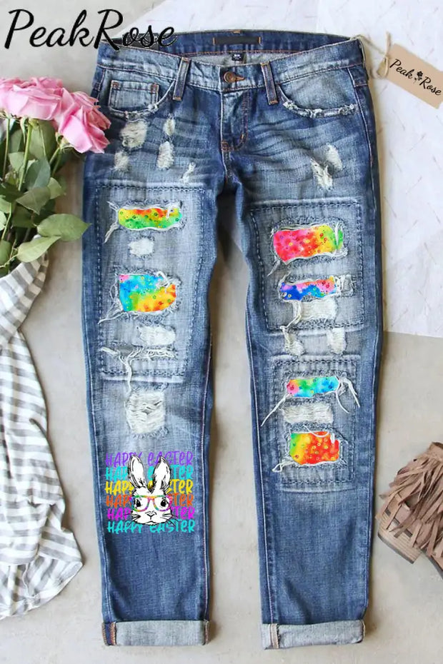 Happy Easter Rainbow Bunny With Glasses Print Ripped Denim Jeans S