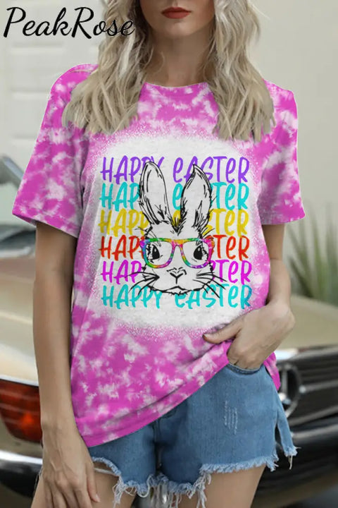 Happy Easter Rainbow Bunny With Glasses Tie Dye Print O Neck T-Shirt Pink / S