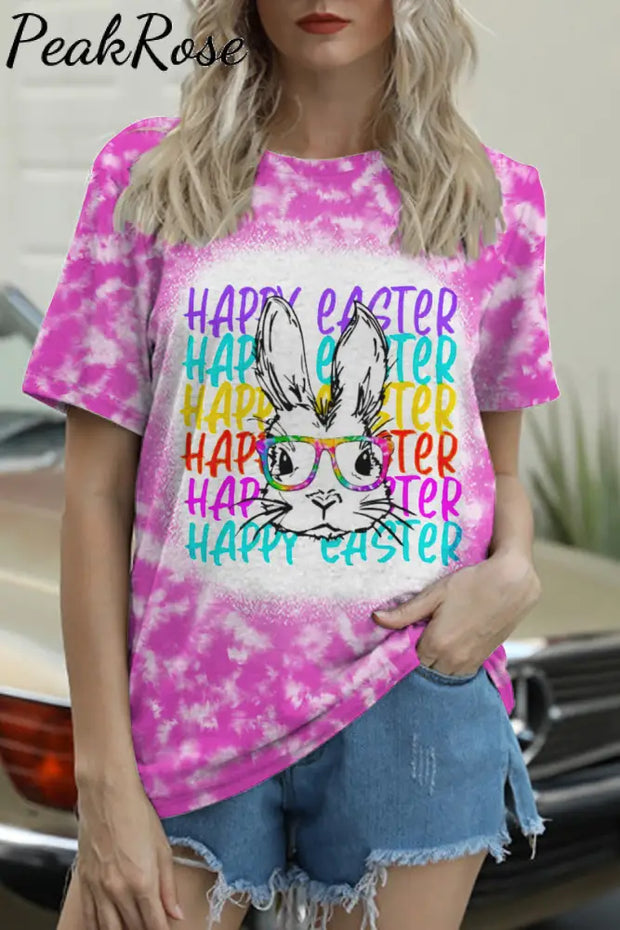 Happy Easter Rainbow Bunny With Glasses Tie Dye Print O Neck T-Shirt Pink / S