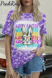 Happy Easter Rainbow Bunny With Glasses Tie Dye Print O Neck T-Shirt Purple / S