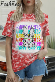 Happy Easter Rainbow Bunny With Glasses Tie Dye Print O Neck T-Shirt Red / S