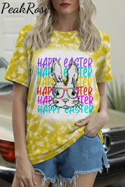 Happy Easter Rainbow Bunny With Glasses Tie Dye Print O Neck T-Shirt Yellow / S