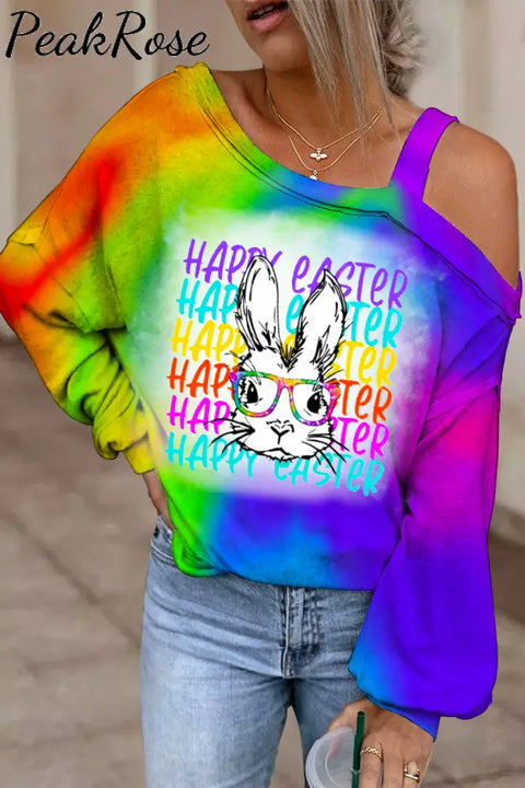 Happy Easter Rainbow Bunny With Glasses Tie Dye Print Off Shoulder Blouse