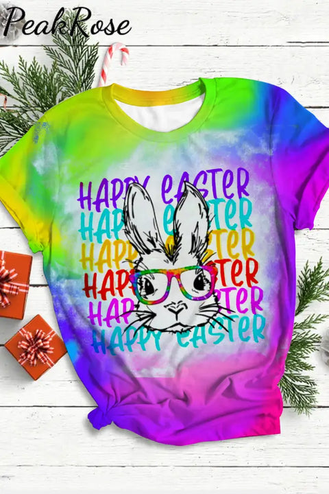 Happy Easter Rainbow Bunny With Glasses Tie Dye Print Round Neck T-Shirt T-Shirt