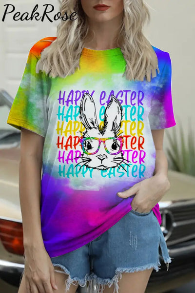 Happy Easter Rainbow Bunny With Glasses Tie Dye Print Round Neck T-Shirt S / T-Shirt