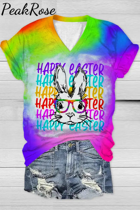 Happy Easter Rainbow Bunny With Glasses Tie Dye Print V Neck T-Shirt T-Shirt