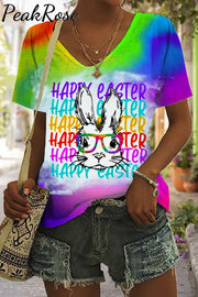 Happy Easter Rainbow Bunny With Glasses Tie Dye Print V Neck T-Shirt S / T-Shirt