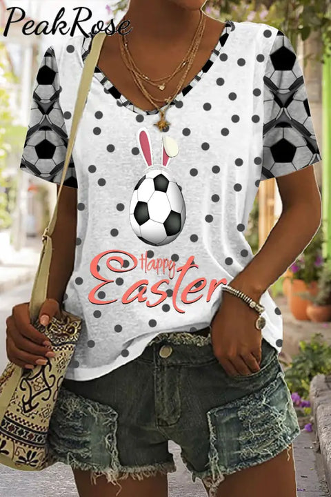 Happy Easter Soccer Eggs With Cute Bunny Ears Print V-Neck T-Shirt T-Shirt