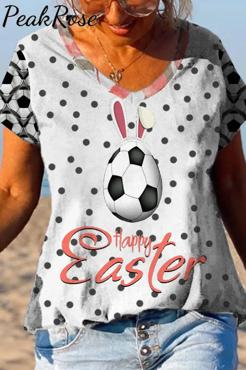 Happy Easter Soccer Eggs With Cute Bunny Ears V Neck T-Shirt T-Shirt