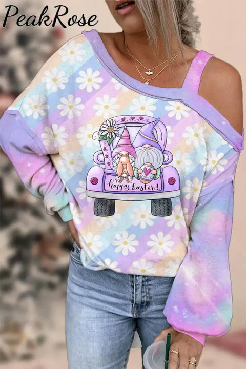 Happy Easter Truck & Gnomes Daisy Rainbow Gradient Printed Off-Shoulder Blouse