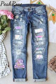 Happy Easter Truck & Gnomes Daisy Rainbow Gradient Printed Ripped Denim Jeans S