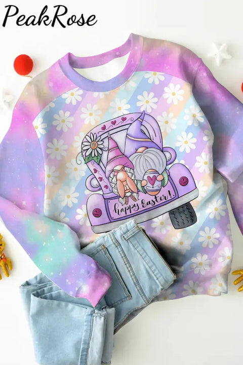 Happy Easter Truck & Gnomes Daisy Rainbow Gradient Printed Sweatshirt