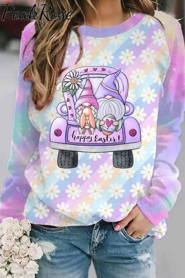 Happy Easter Truck & Gnomes Daisy Rainbow Gradient Printed Sweatshirt