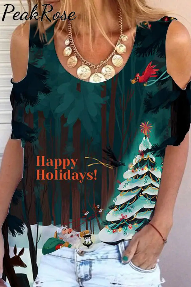 Happy Holidays Cold Shoulder T-Shirt