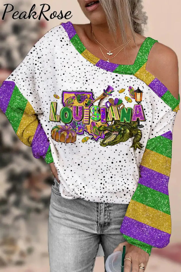 Happy Louisiana Mardi Gras Dinosaurs Off-Shoulder Blouse