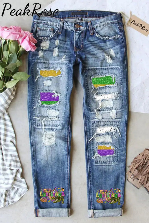 Happy Louisiana Mardi Gras Dinosaurs Ripped Denim Jeans S