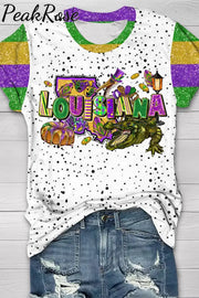 Happy Louisiana Mardi Gras Dinosaurs Round Neck Short Sleeve T-Shirt