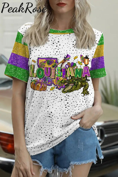 Happy Louisiana Mardi Gras Dinosaurs Round Neck Short Sleeve T-Shirt S / Multicolor