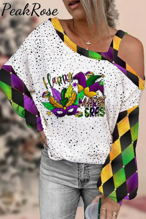 Happy Mardi Gras Hat Mask Off-Shoulder Blouse