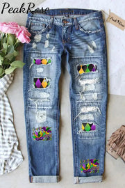 Happy Mardi Gras Hat Mask Ripped Denim Jeans S