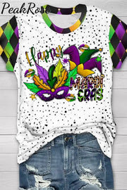 Happy Mardi Gras Hat Mask Round Neck Short Sleeve T-Shirt