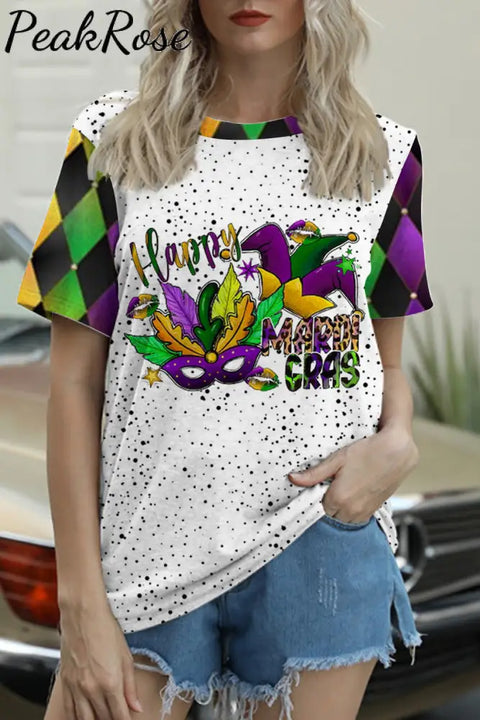 Happy Mardi Gras Hat Mask Round Neck Short Sleeve T-Shirt