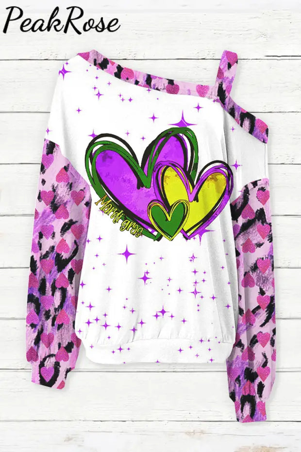 Happy Mardi Gras Heart Off-Shoulder Blouse