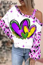 Happy Mardi Gras Heart Off-Shoulder Blouse Photo Color / S