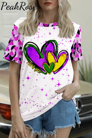 Happy Mardi Gras Heart Printed Round Neck Short Sleeve T-Shirt