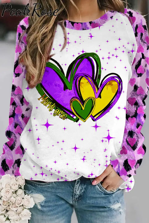 Happy Mardi Gras Heart Printed Sweatshirt