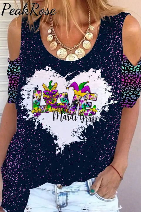 Happy Mardi Gras Love Print Cold Shoulder T-Shirt