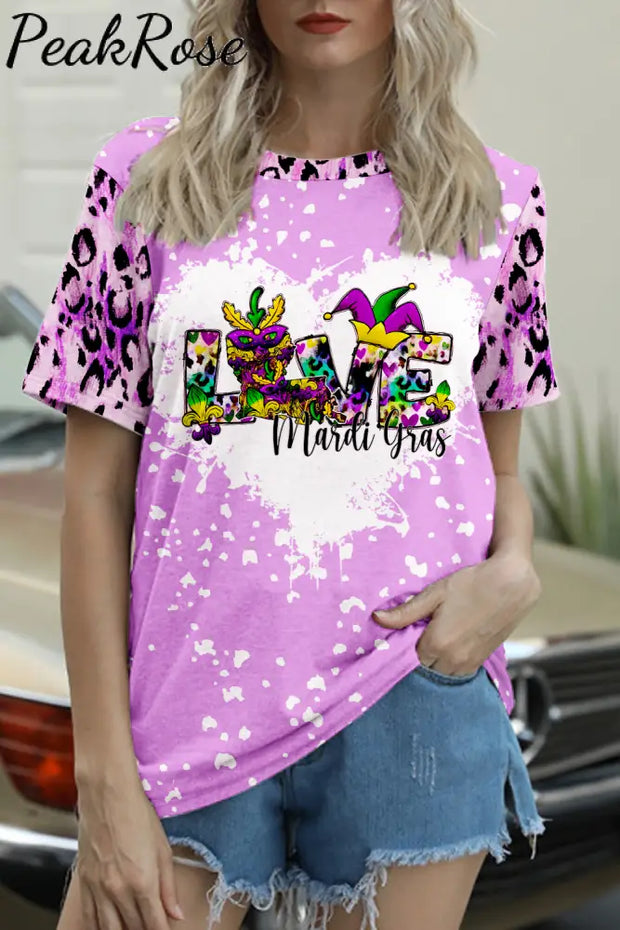 Happy Mardi Gras Love Printed Round Neck Short Sleeve T-Shirt