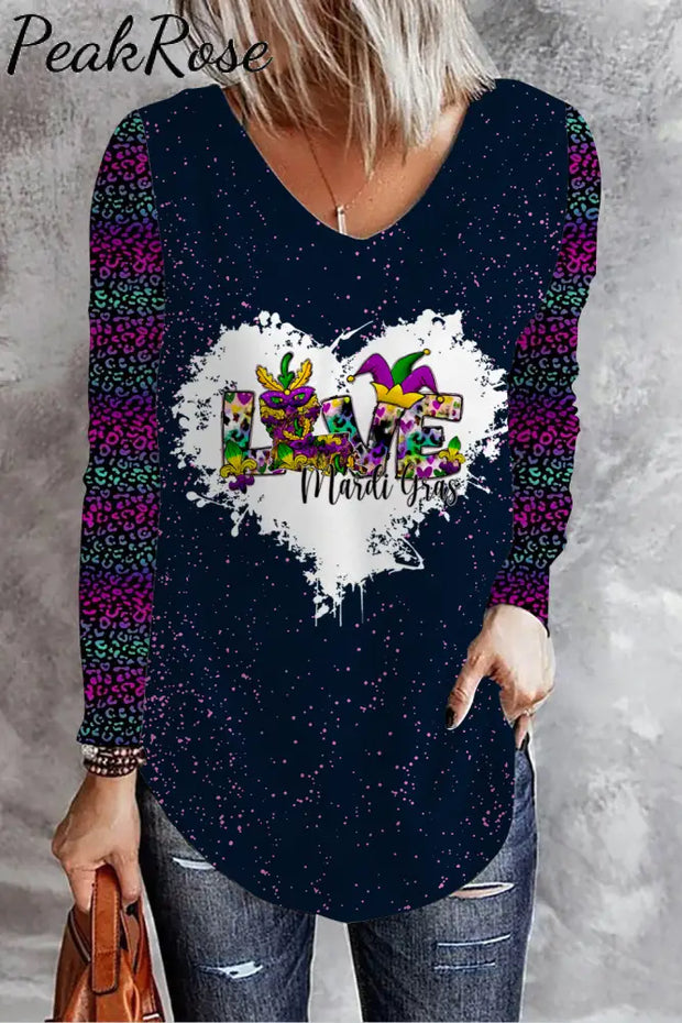 Happy Mardi Gras Love V Neck Long Sleeve T-Shirt T-Shirt