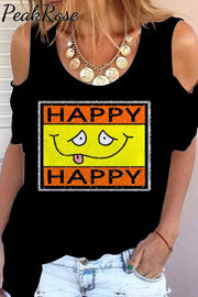 Happy Smiling Face Fashion Funny Cold Shoulder T-Shirt