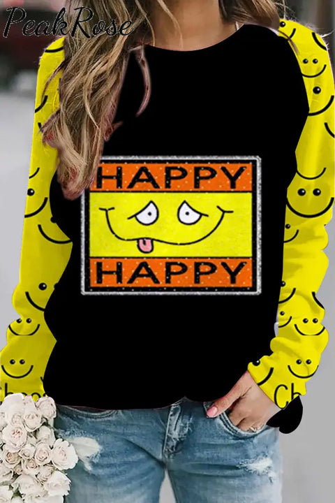 Happy Smiling Face Fashion Funny Long-Sleeved Pullover Sweatshirt