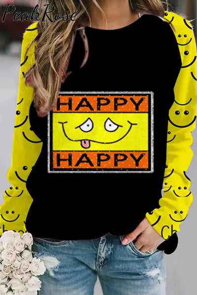 Happy Smiling Face Fashion Funny Long-Sleeved Pullover Sweatshirt S / Black