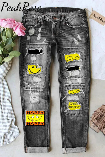 Happy Smiling Face Fashion Funny Ripped Black Jeans