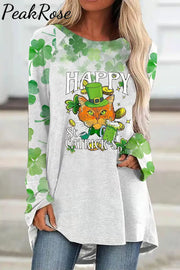 Happy St Catrick’s Day Cute Green Hat Cat Illustration Long-Sleeved Loose Tunic