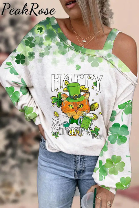 Happy St Catrick’s Day Cute Green Hat Cat Illustration Off Shoulder Blouse