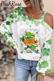 Happy St Catrick’s Day Cute Green Hat Cat Illustration Off Shoulder Blouse S /