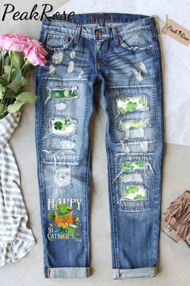 Happy St Catrick’s Day Cute Green Hat Cat Illustration Ripped Denim Jeans S / Blue