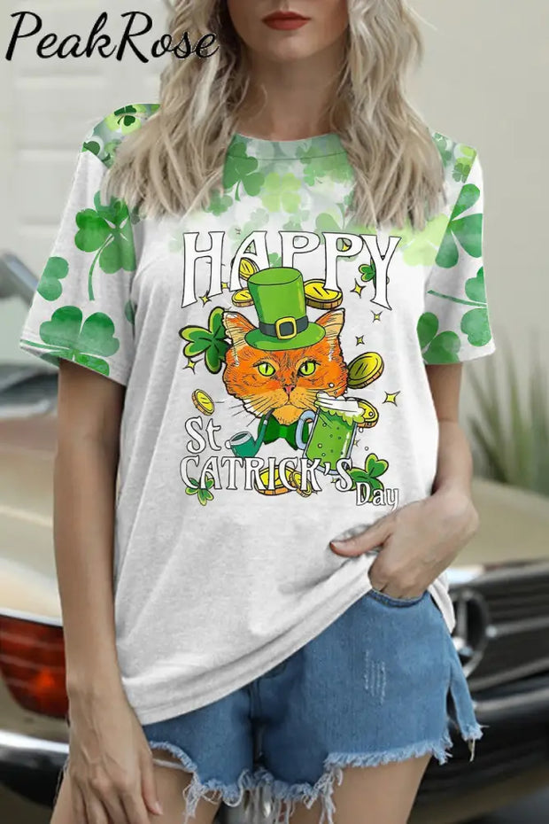 Happy St Catrick’s Day Cute Green Hat Cat Illustration Round Neck T-Shirt