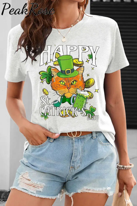 Happy St Catrick’s Day Cute Green Hat Cat Illustration Short Sleeve T-Shirt